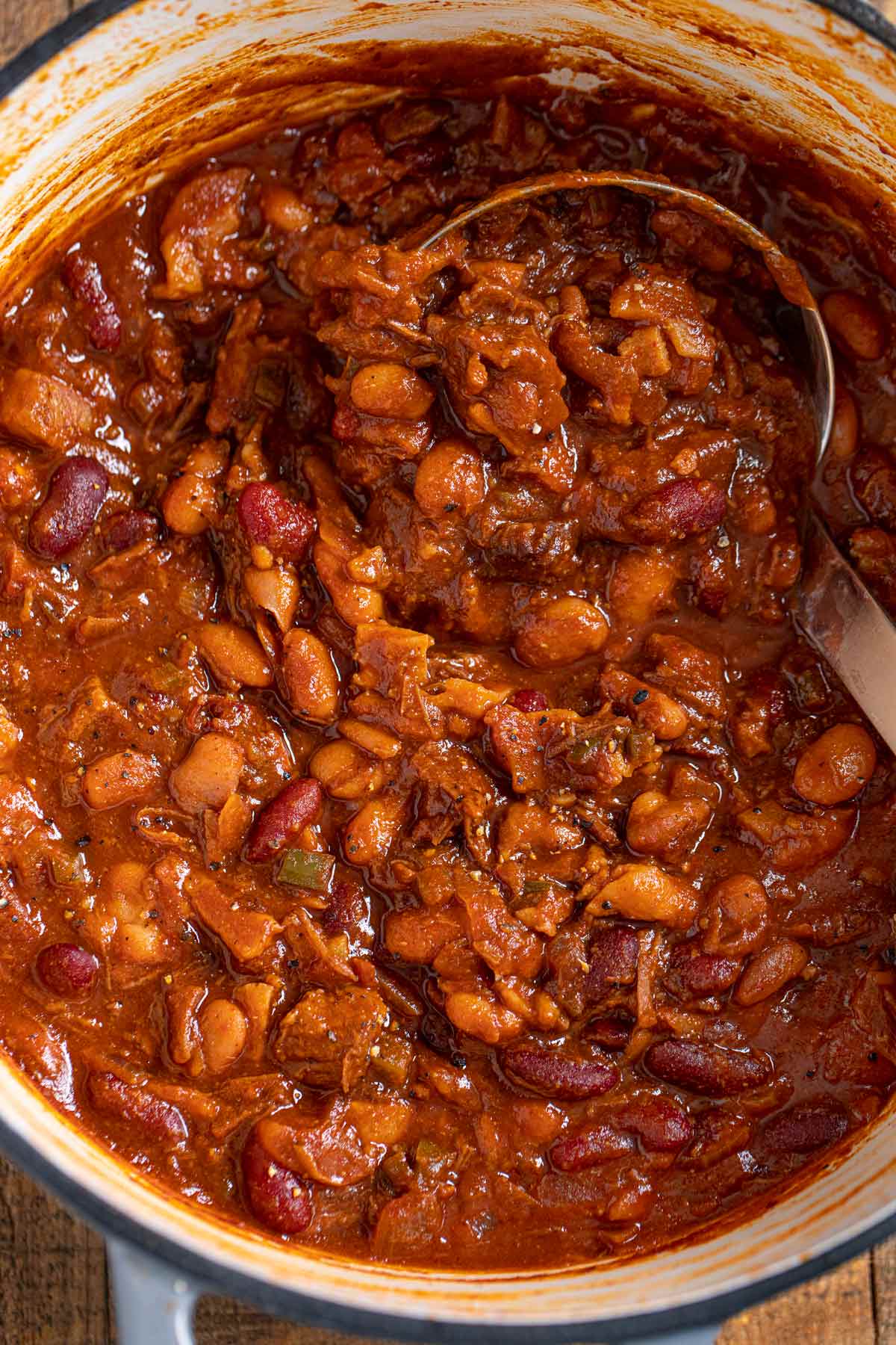 Cowboy Beans in pot with ladle