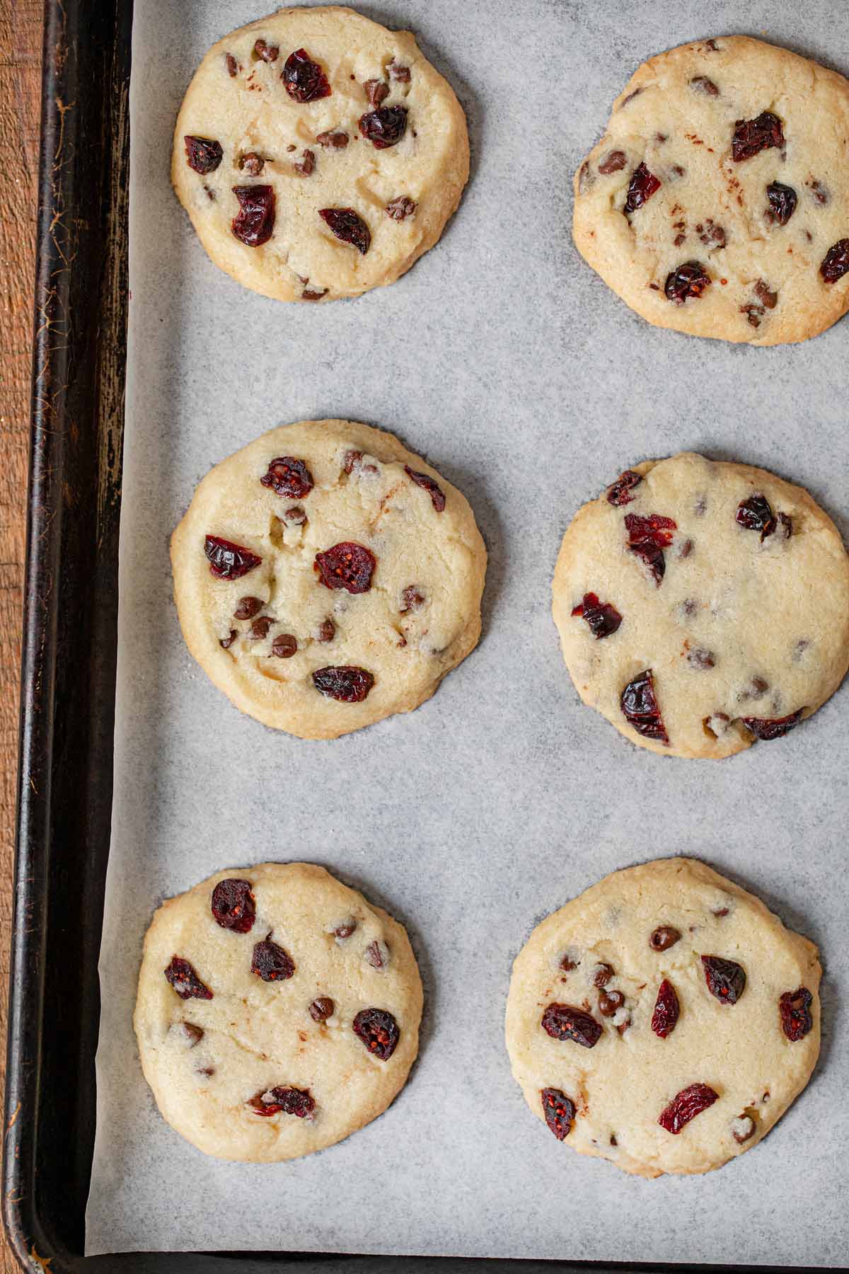 top-down view of Cranberry Chip Shortbread Cookies on cookie sheet