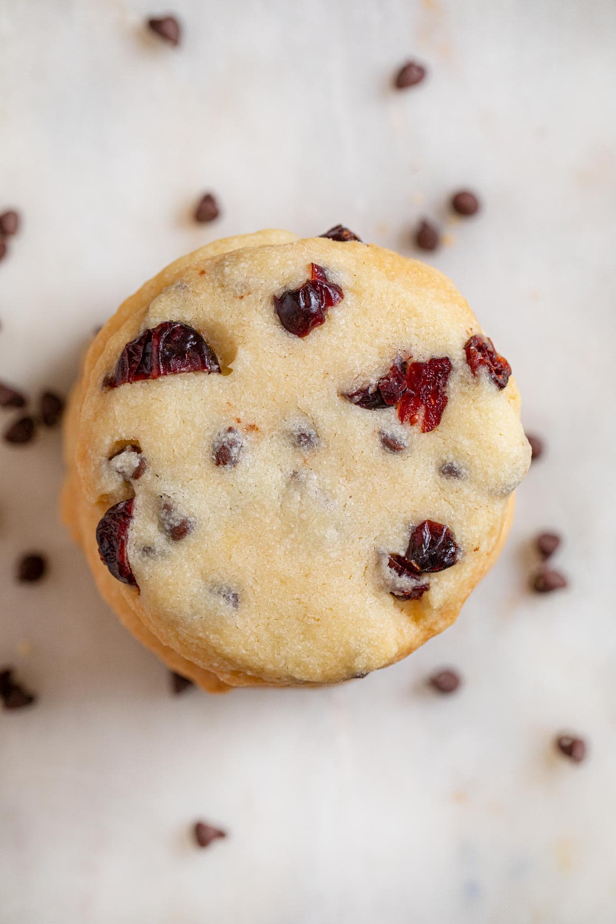 top-down view of Cranberry Chip Shortbread Cookies in stack