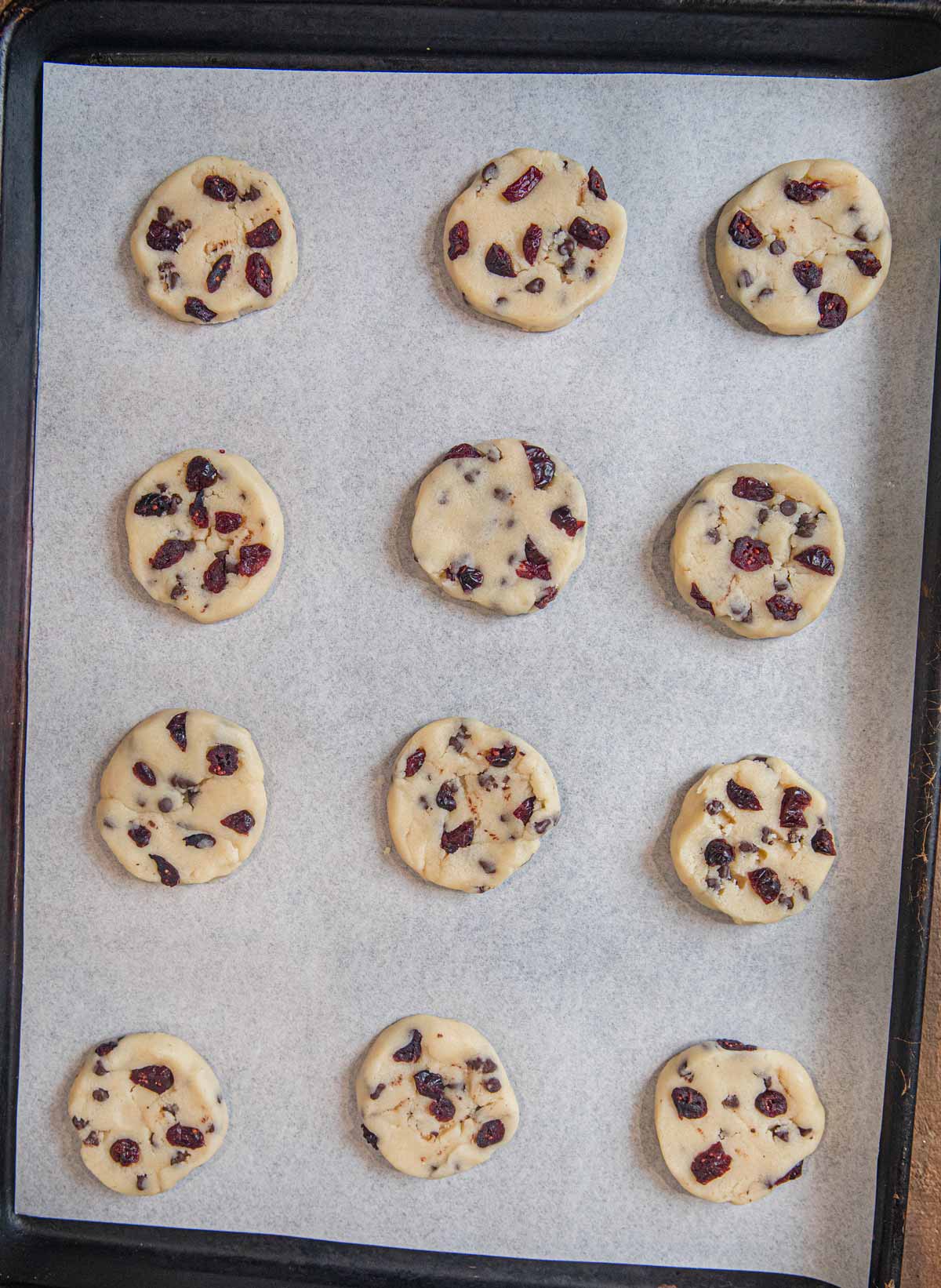 Cranberry Chip Shortbread Cookies on baking sheet before baking