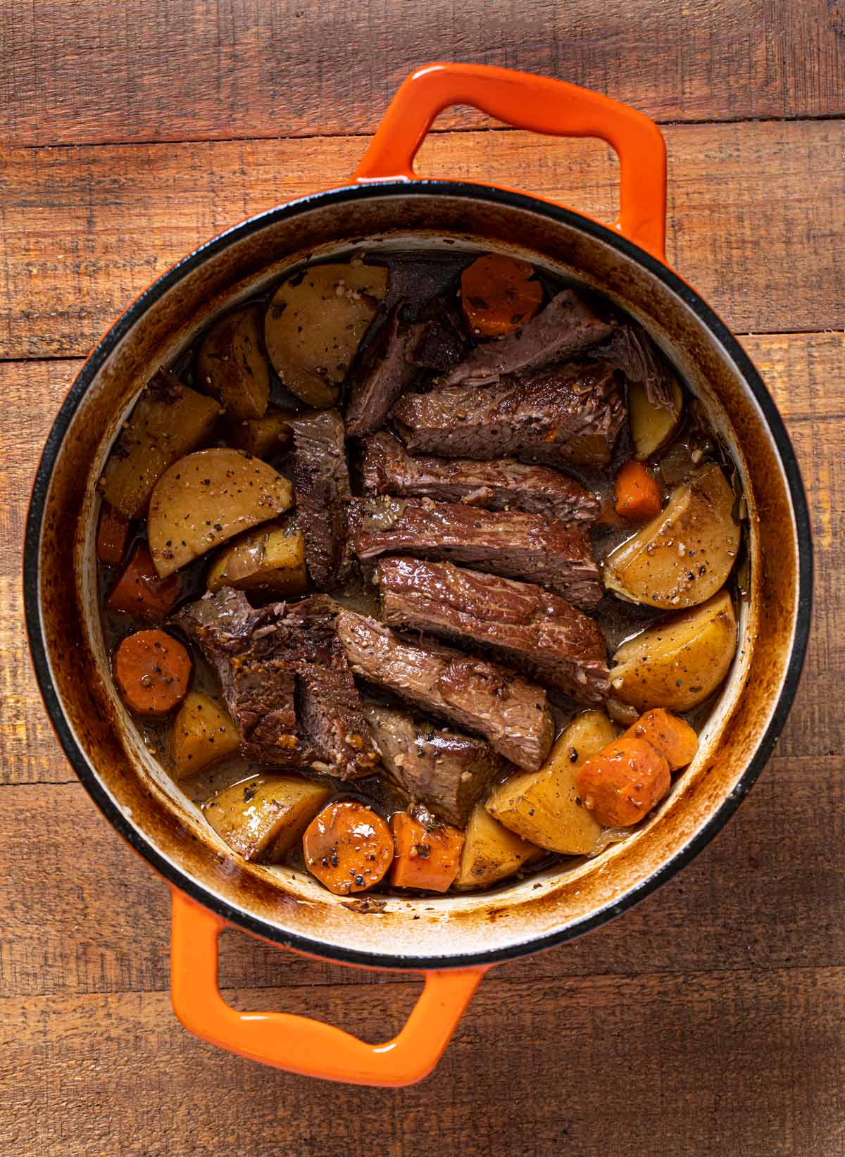 Easy Rump Roast in pot, cut into slices