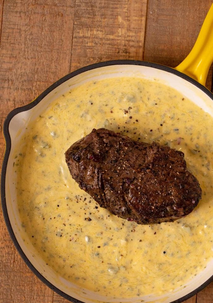 Filet in skillet with Bernaise Sauce