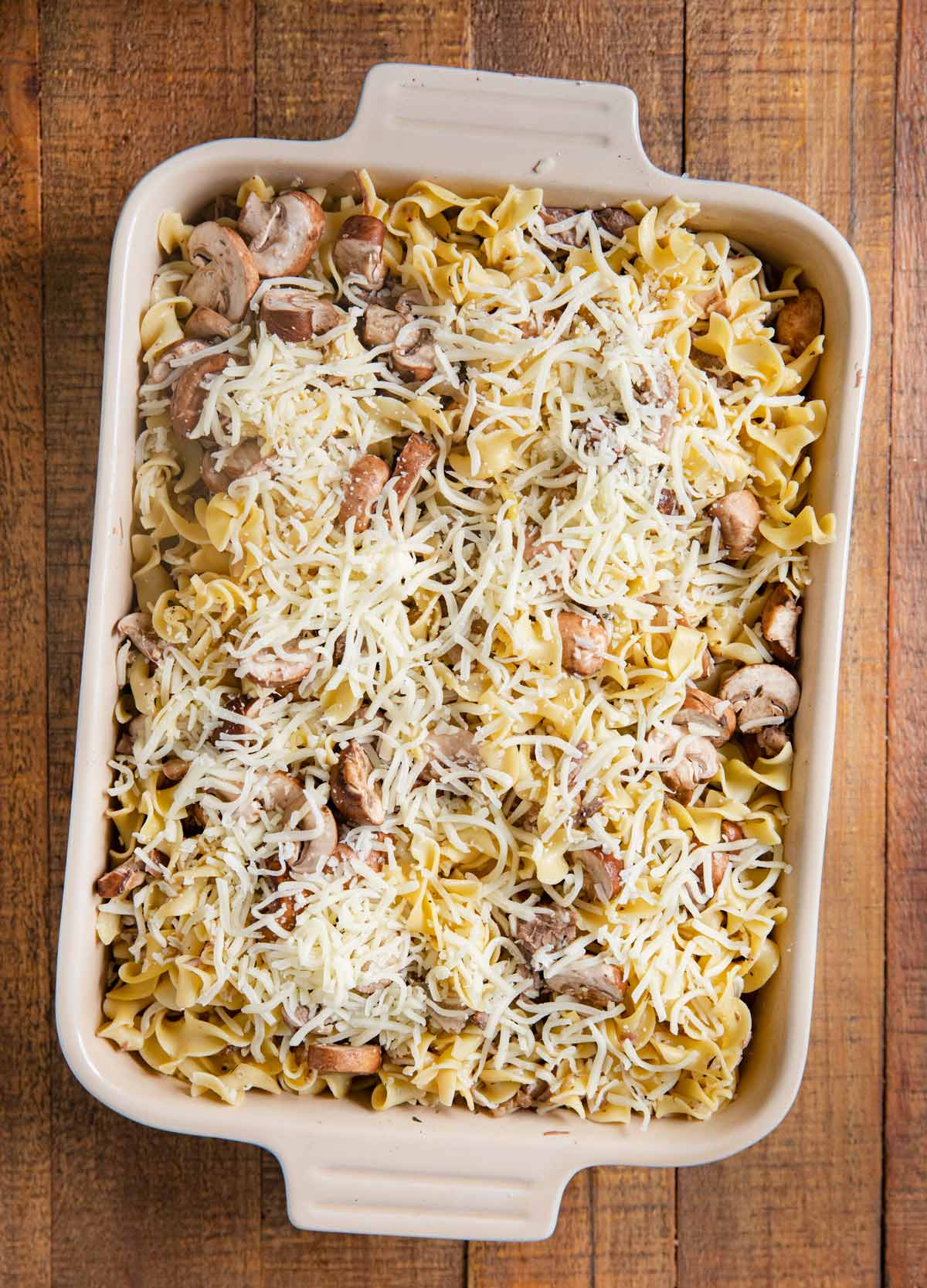 French Onion Beef Noodle Bake in baking dish before baking