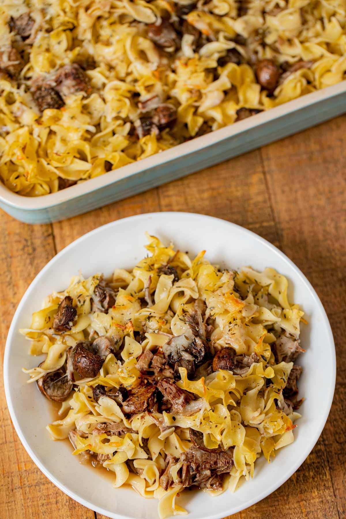 French Onion Beef Noodle Bake serving in bowl