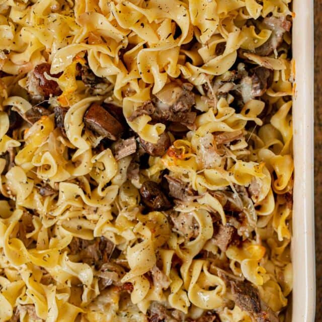 French Onion Beef Noodle Bake in baking dish