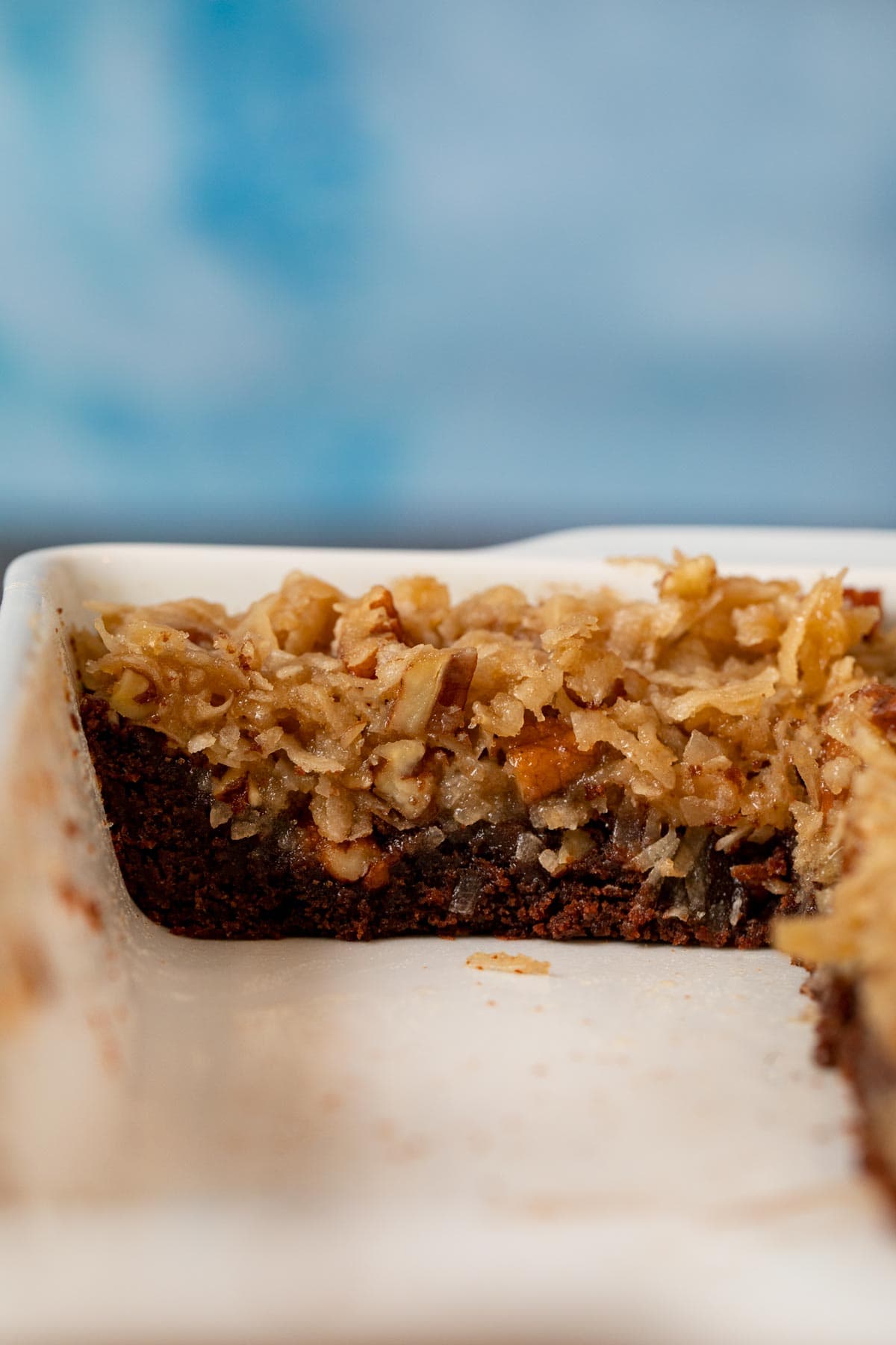 cross-section of German Chocolate Brownies in baking dish