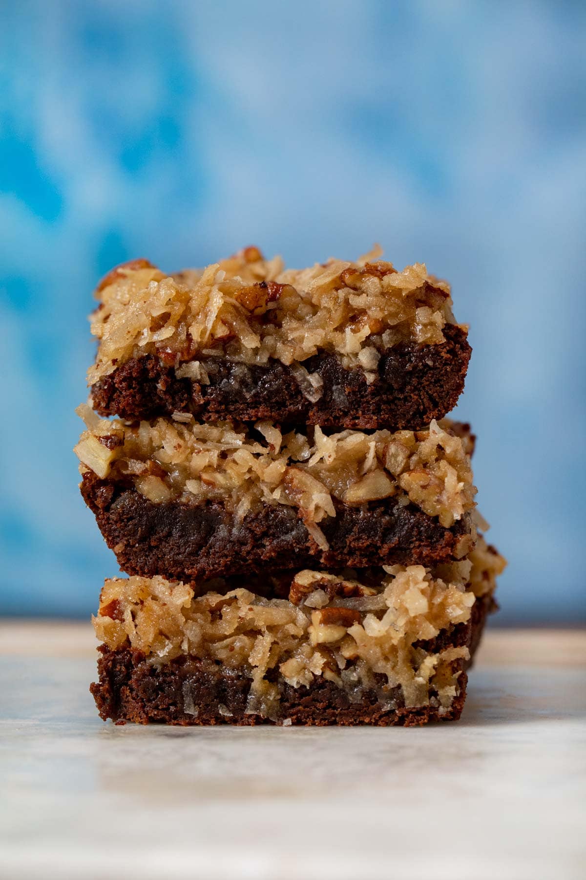 German Chocolate Brownies in stack