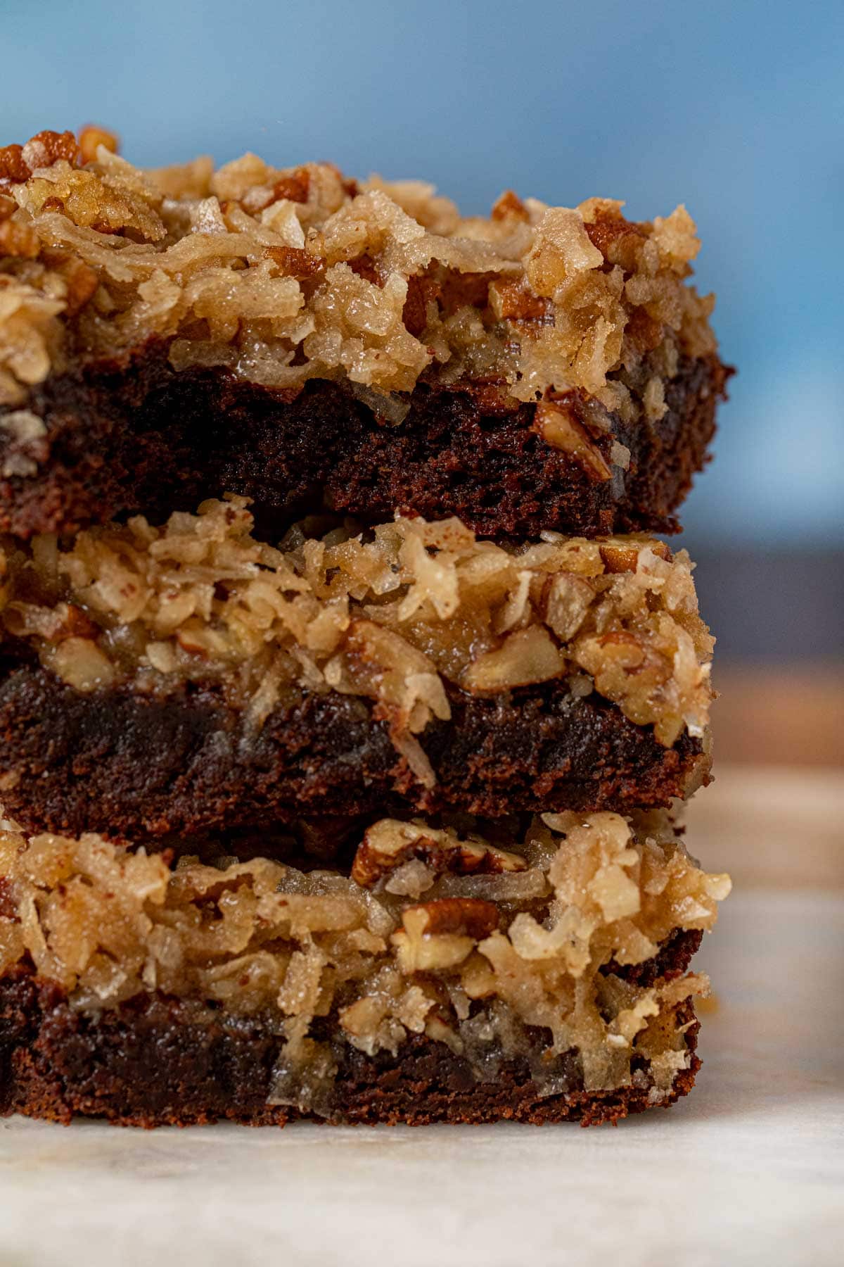 German Chocolate Brownies in stack