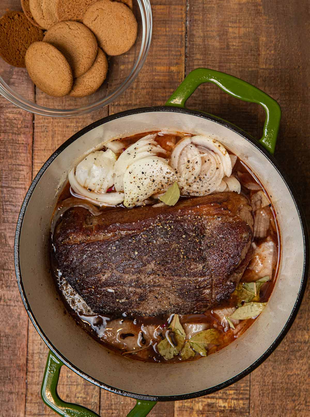 German Sauerbraten ingredients in pot