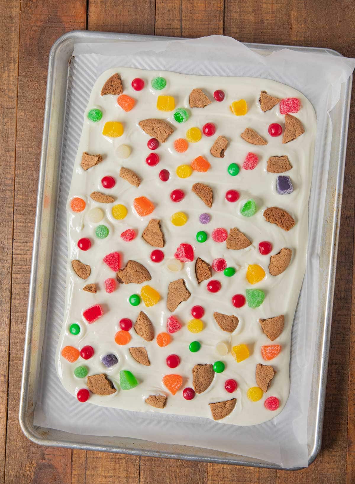 Gingerbread House Candy Bark in baking pan