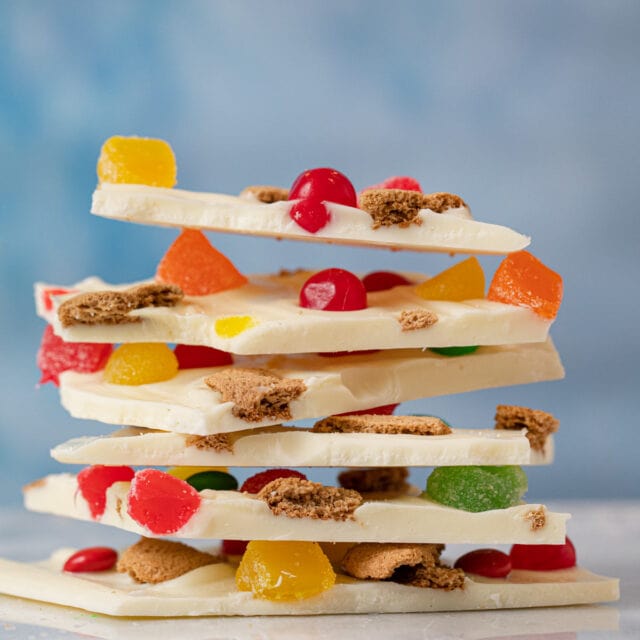 Gingerbread House Candy Bark pieces in stack