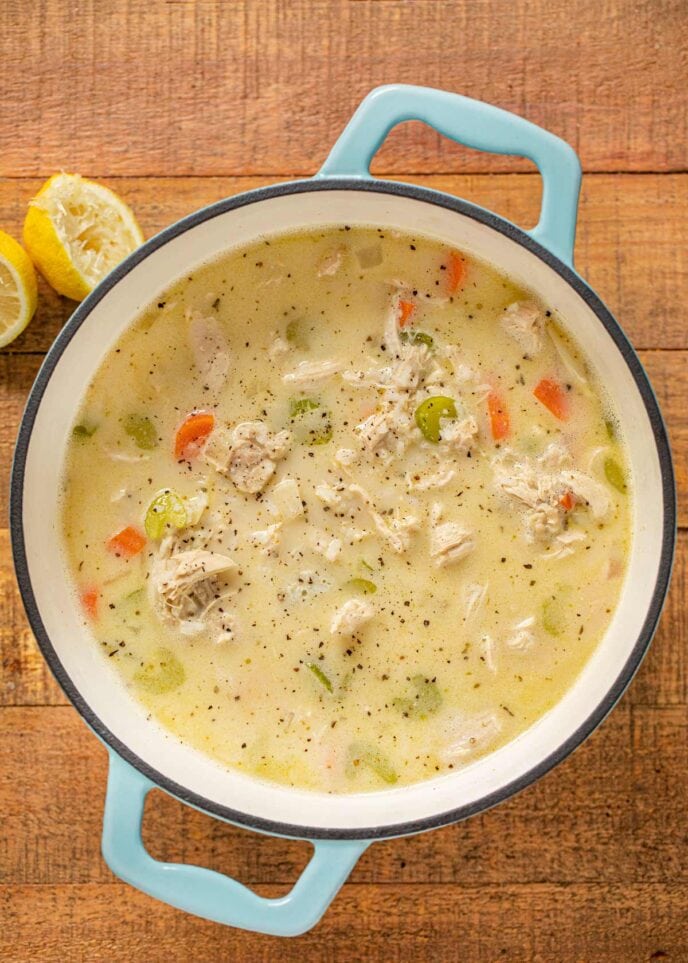 Greek Chicken and Rice Soup (Avgolemono) in pot