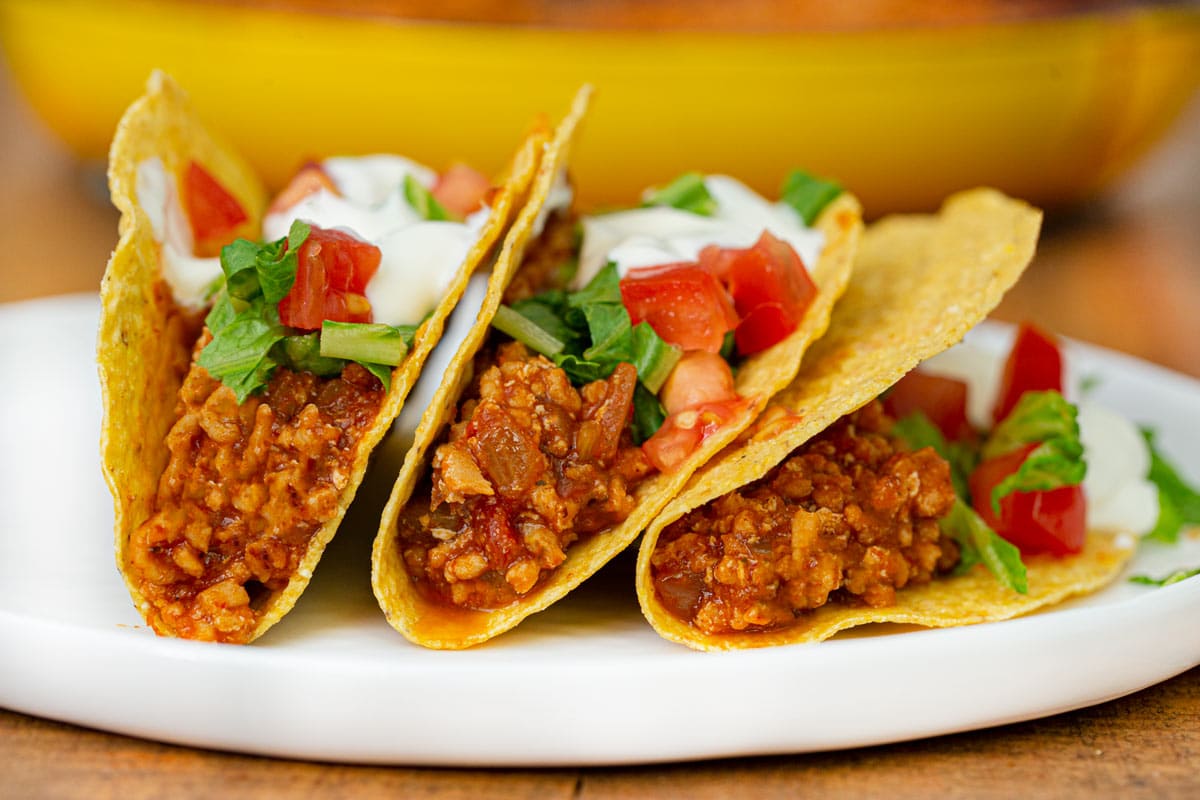 Ground Chicken Tacos three tacos on plate