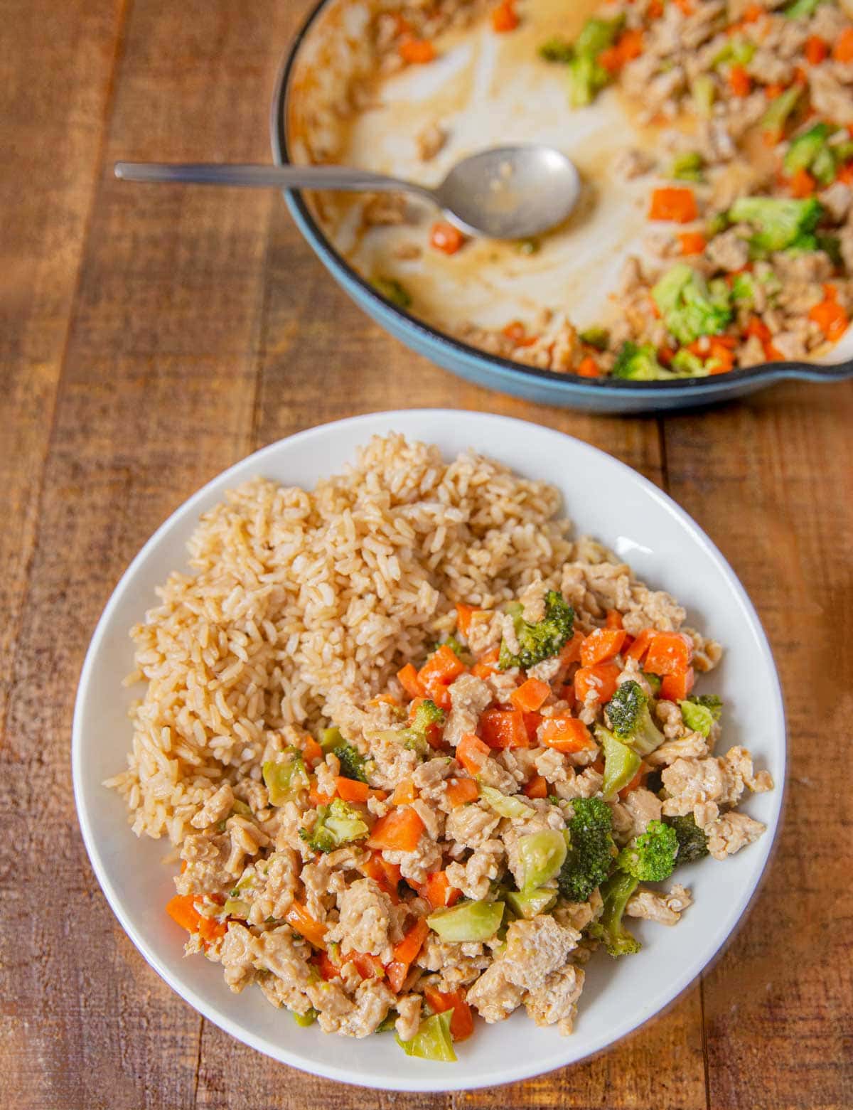 Ground Thai Peanut Chicken on plate with brown rice