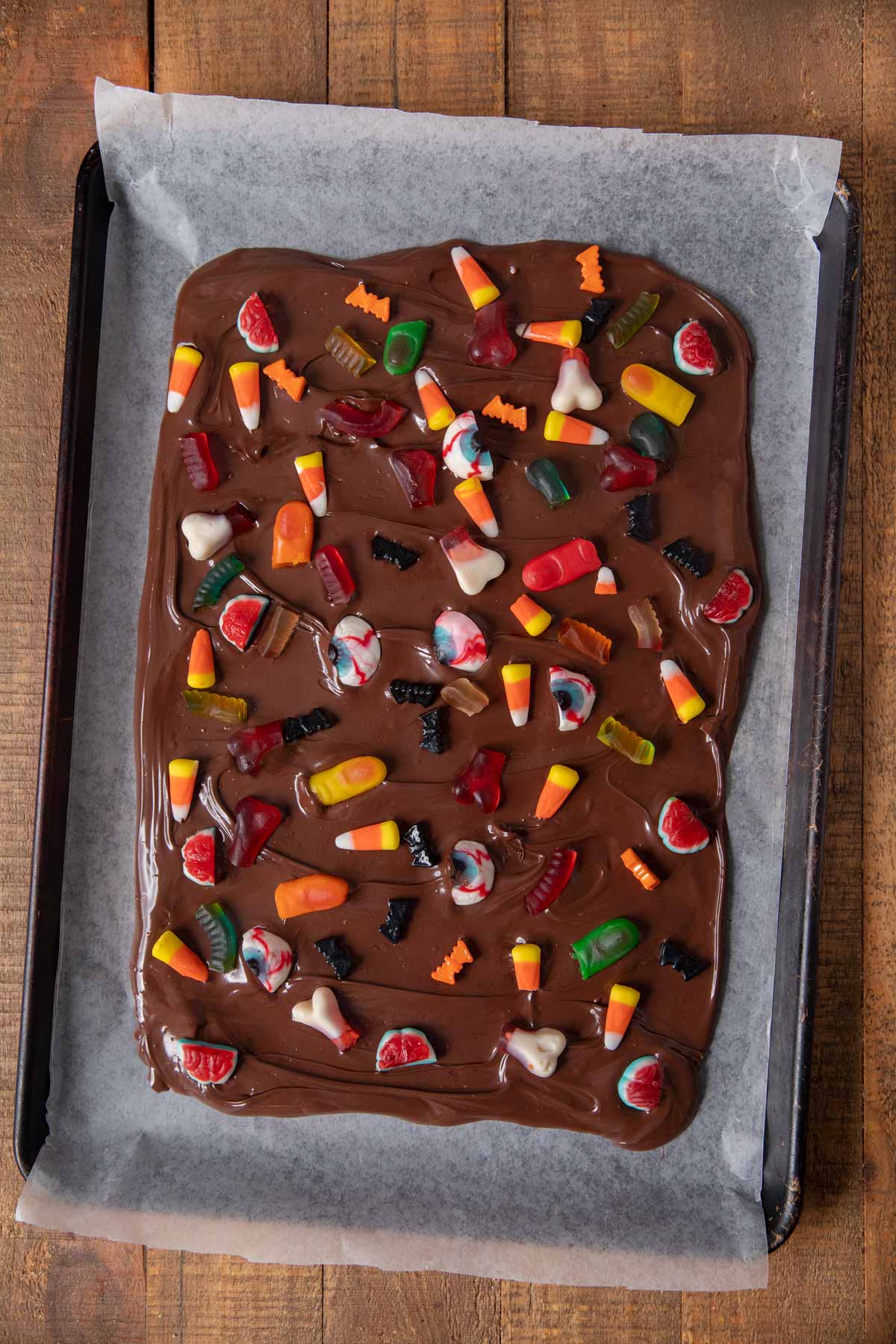 top-down view of Halloween Bark in baking pan