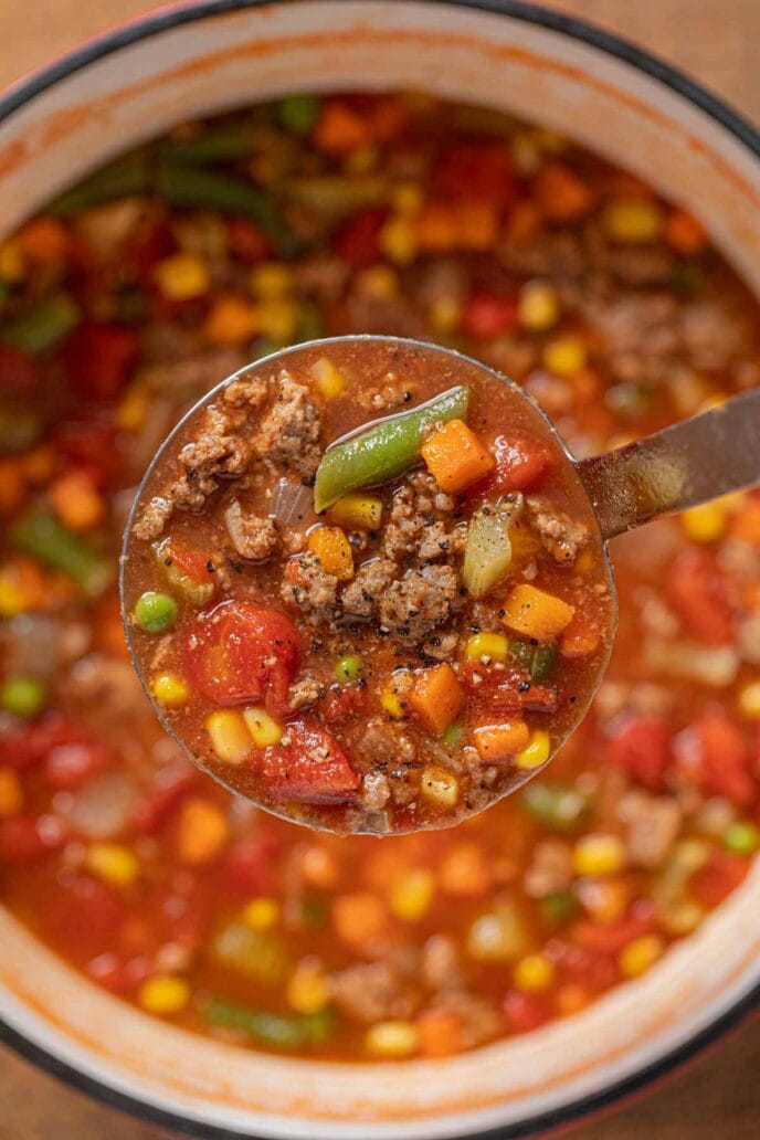 Hamburger Soup serving in ladle