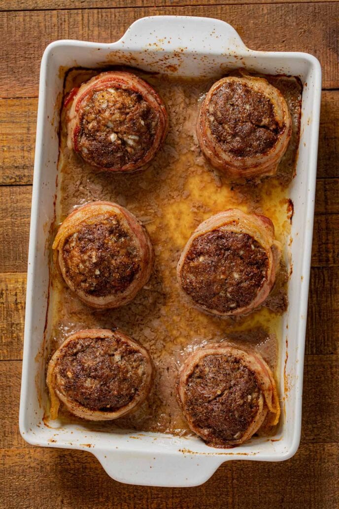 Individual Bacon Wrapped Meatloaf in baking dish