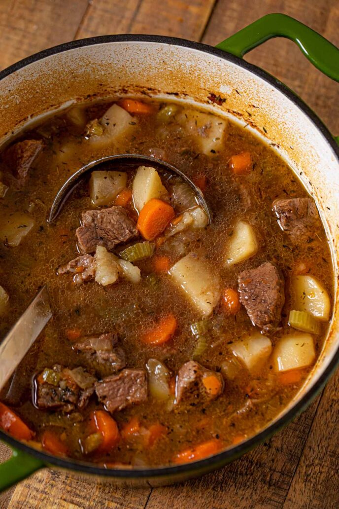 Irish Beef Stew in pot with ladle
