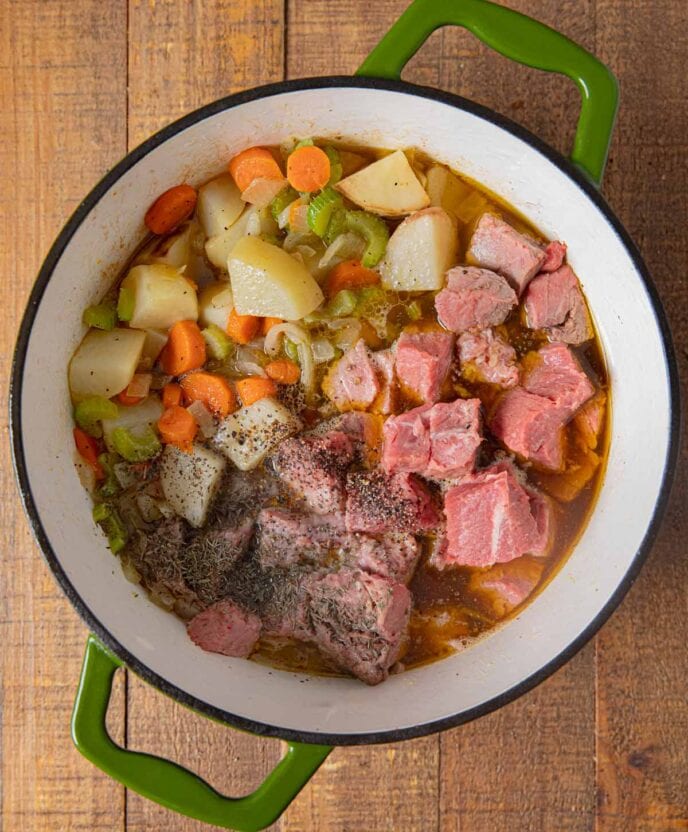 Irish Beef Stew ingredients in pot