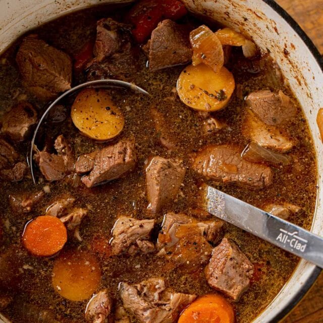 Irish Lamb Stew in pot with ladle
