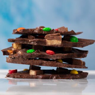 Leftover Candy Bar Bark pieces in stack
