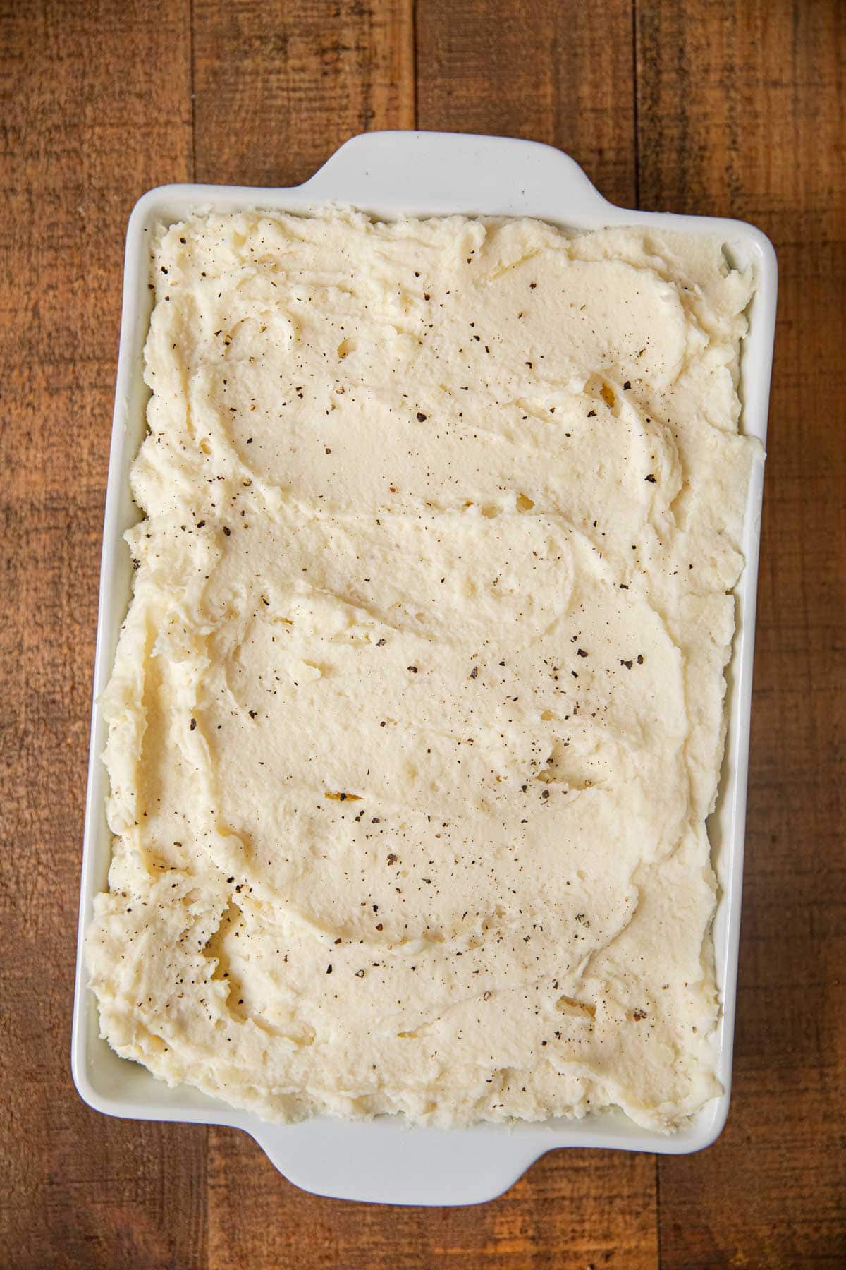 Make-Ahead Mashed Potatoes in baking dish before baking