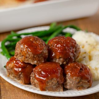 Meatloaf Meatballs on plate with mashed potatoes and green beans