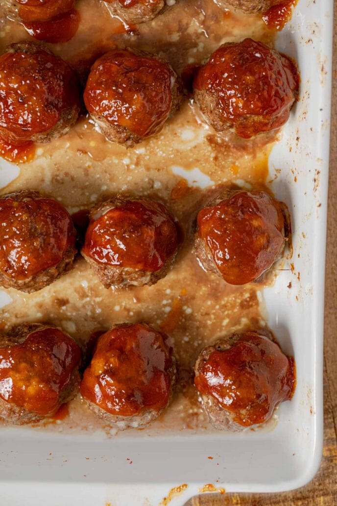 close-up of Meatloaf Meatballs in baking dish