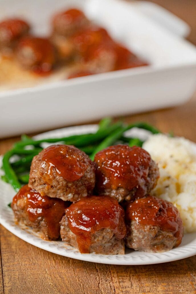 Meatloaf Meatballs on plate with mashed potatoes and green beans