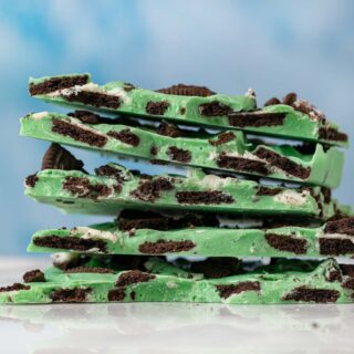 Mint Oreo Bark pieces in stack