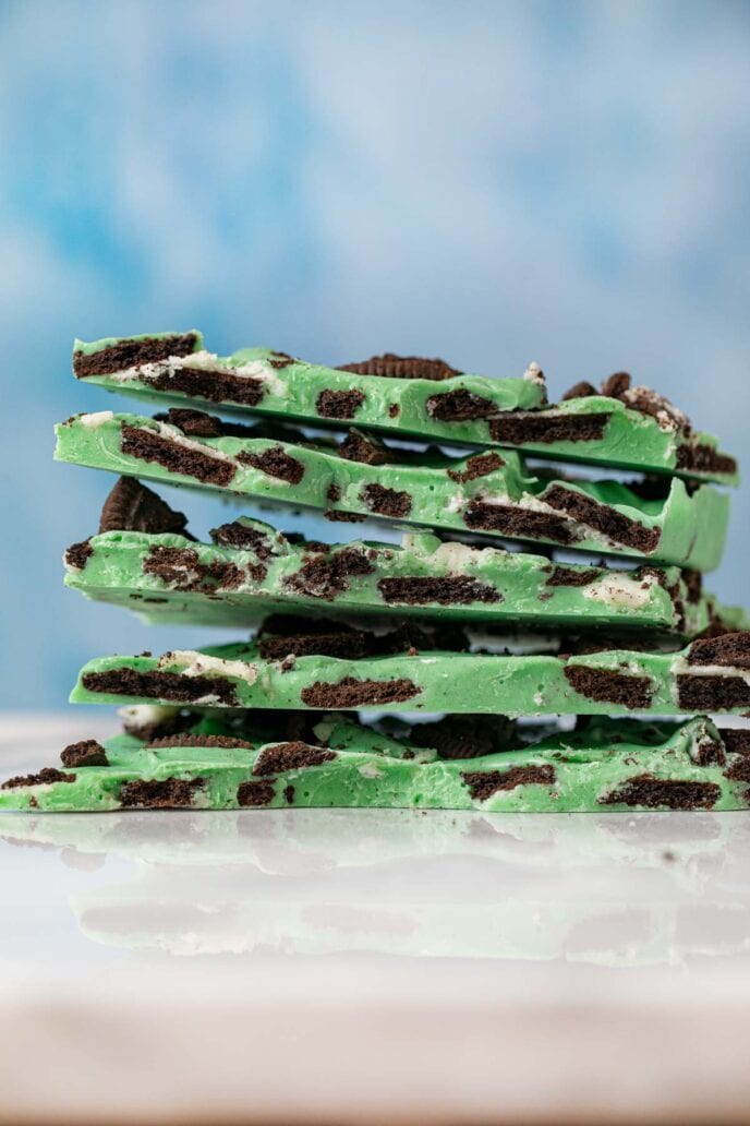 Mint Oreo Bark pieces in stack