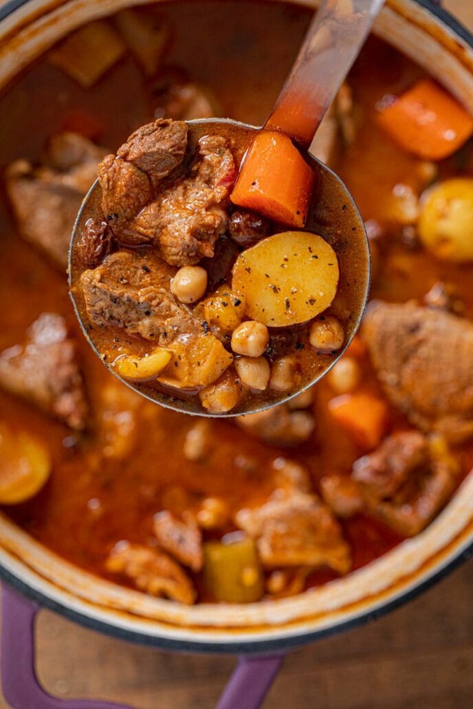 Moroccan Lamb Stew serving in ladle