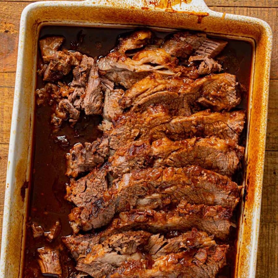 Oven BBQ Brisket, sliced in baking pan