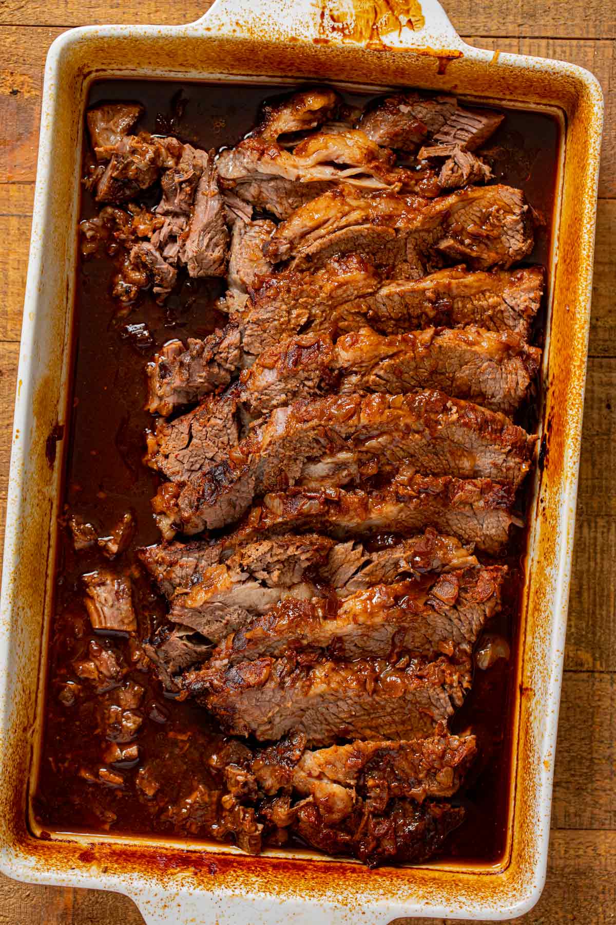 Oven BBQ Brisket, sliced in baking pan