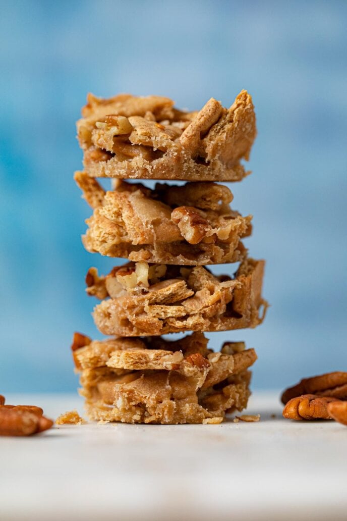 Pecan Praline Toffee Bites in stack