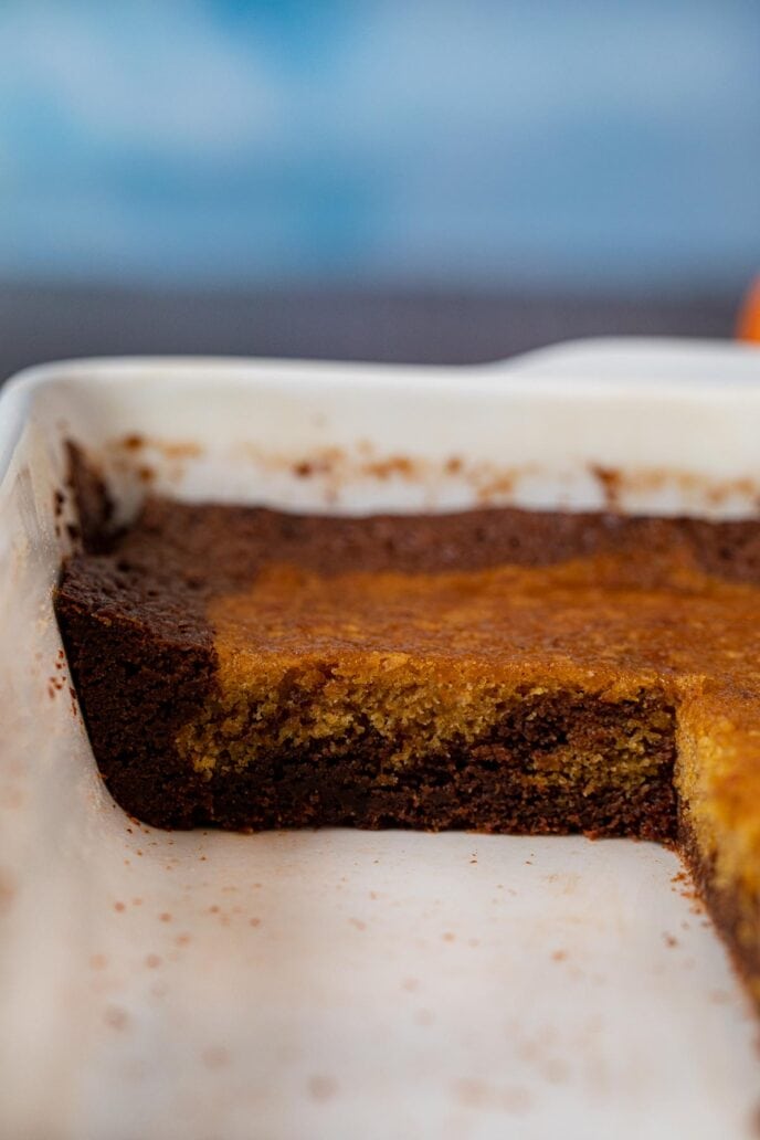 cross-section of Pumpkin Brownies in baking dish