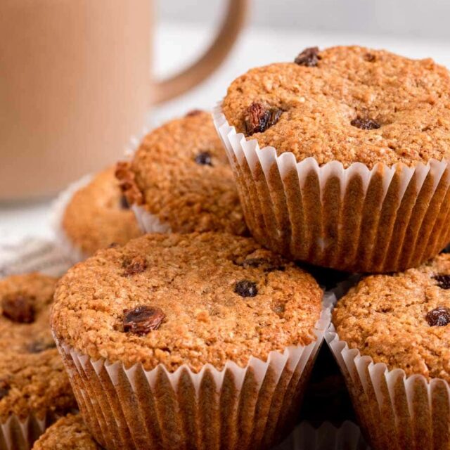 Raisin Bran Muffins stack on cooling rack