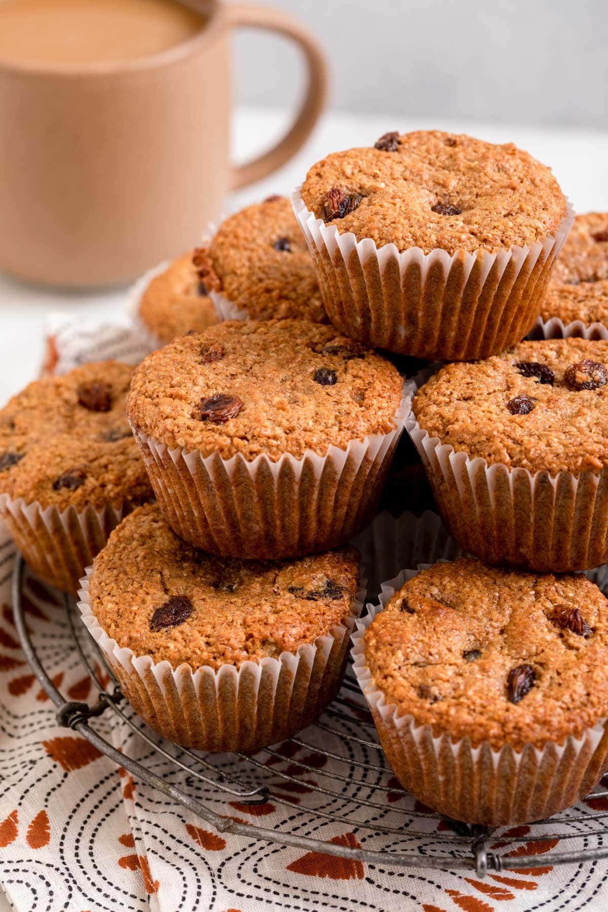 Raisin Bran Muffins stack on cooling rack