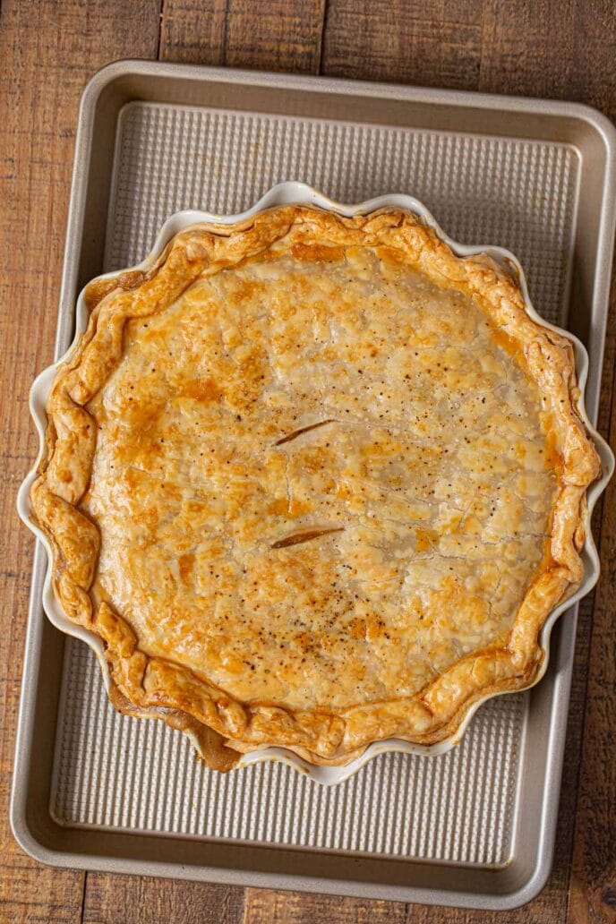 top-down view of Roast Beef Pot Pie in pie plate