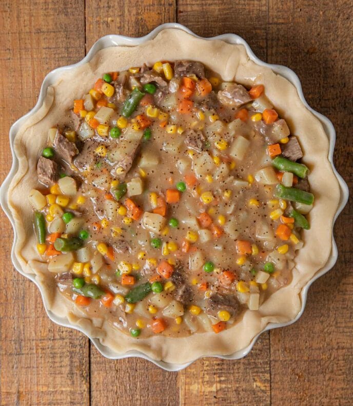 Roast Beef Pot Pie uncovered filling in pie crust