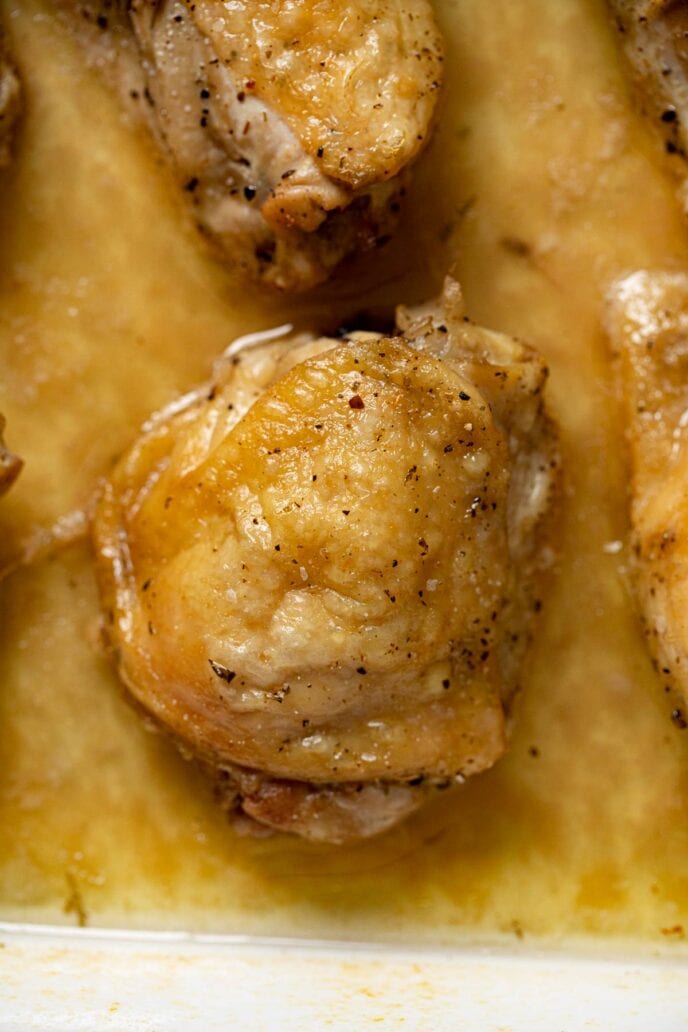 close-up of Crispy Salt and Vinegar Chicken in baking dish