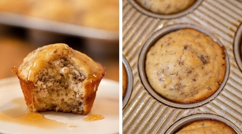 side-by-side of a muffin on a plate or in a tin