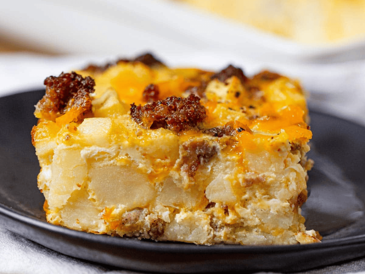 Closeup of a piece cut of the casserole 