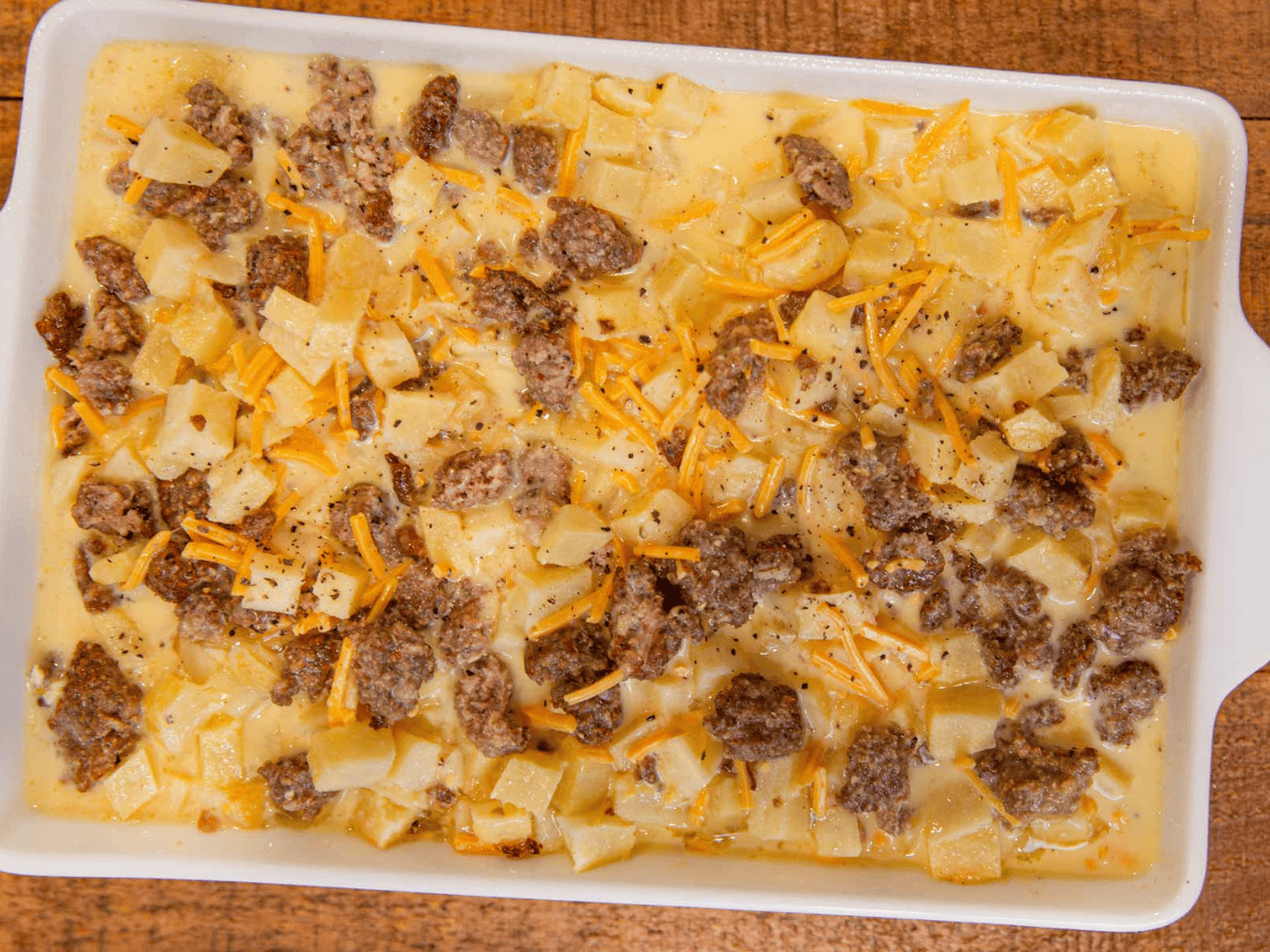 Top view of the raw ingredients in baking pan 