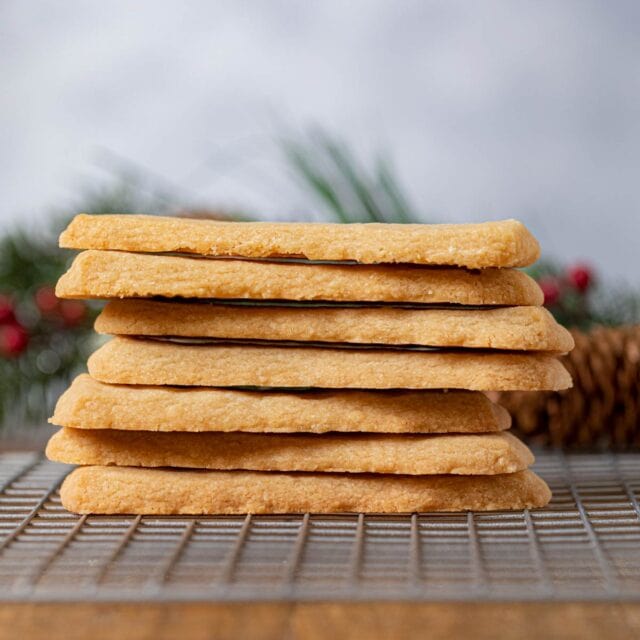 Scottish Shortbread Cookies in stack on cooling rack