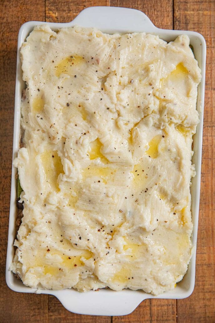 Beef Shepherd's Pie in baking dish before cooking