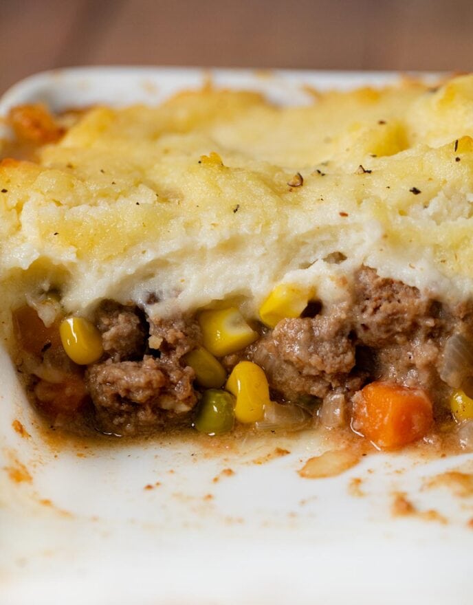 cross-section of Beef Shepherd's Pie in baking dish