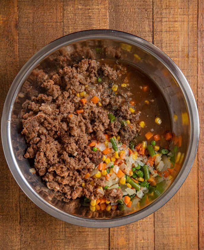 Beef Shepherd's Pie filling ingredients in bowl