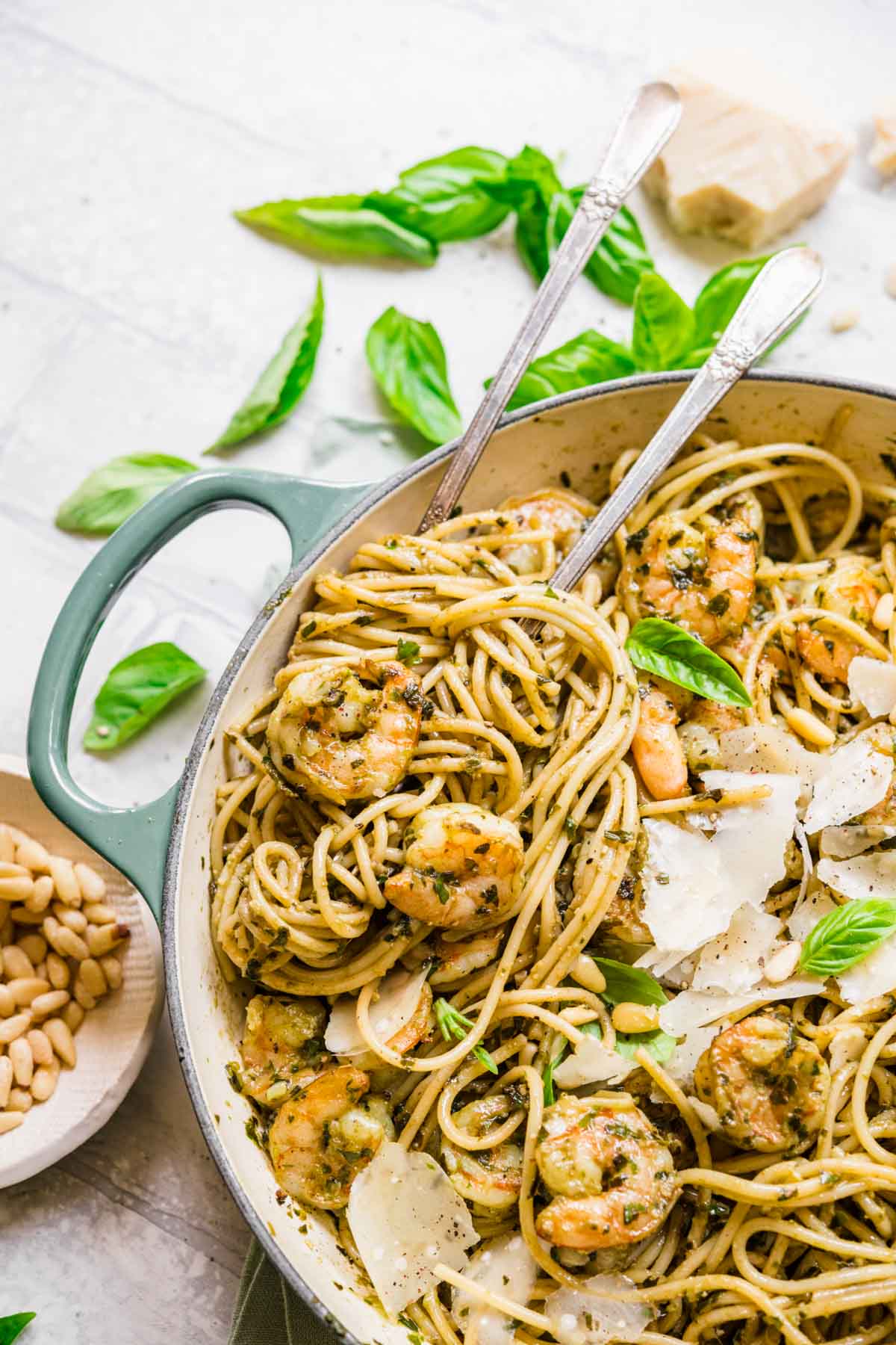 Shrimp Pesto Pasta in mixing bowl