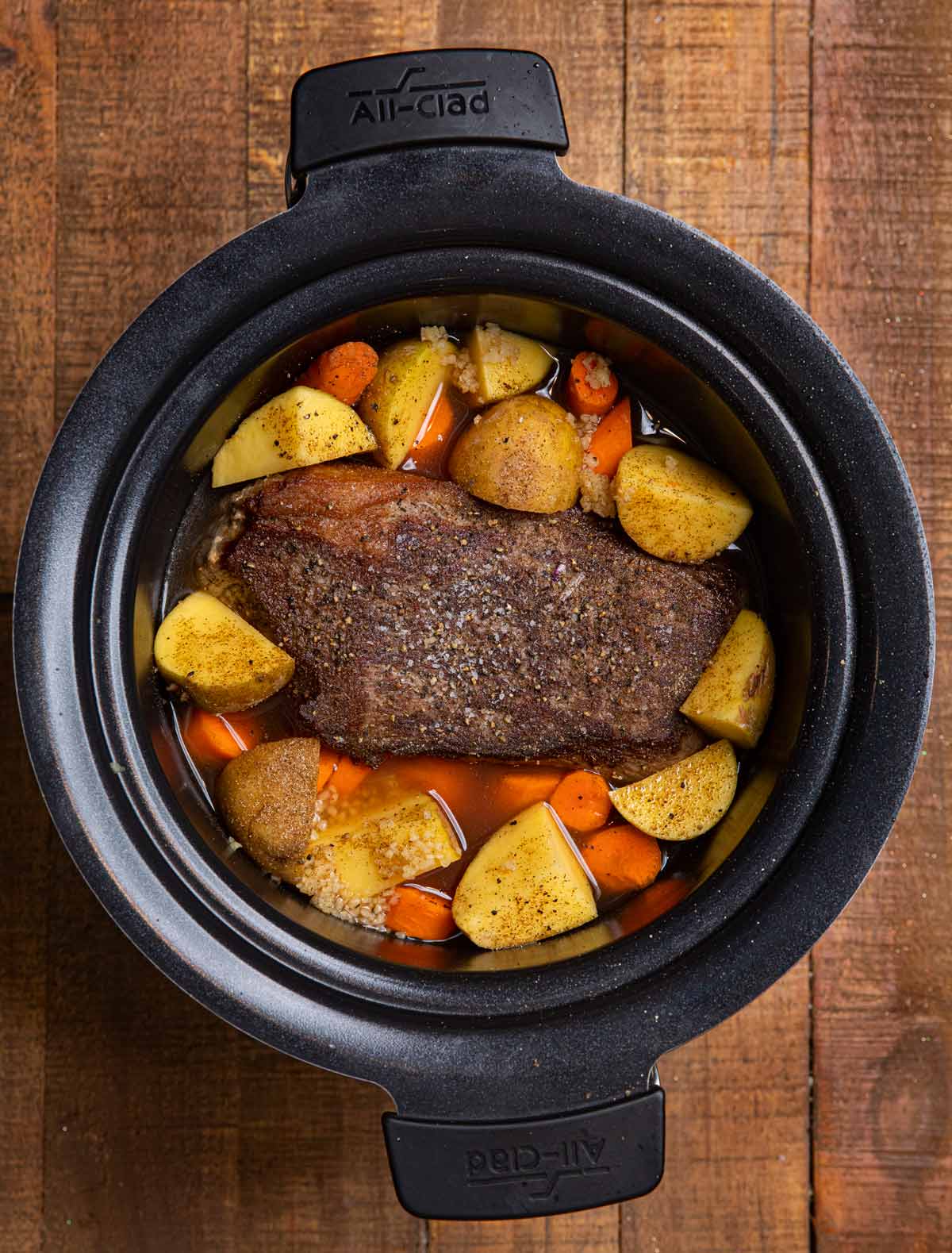 Slow Cooker Rump Roast in crock pot before cooking